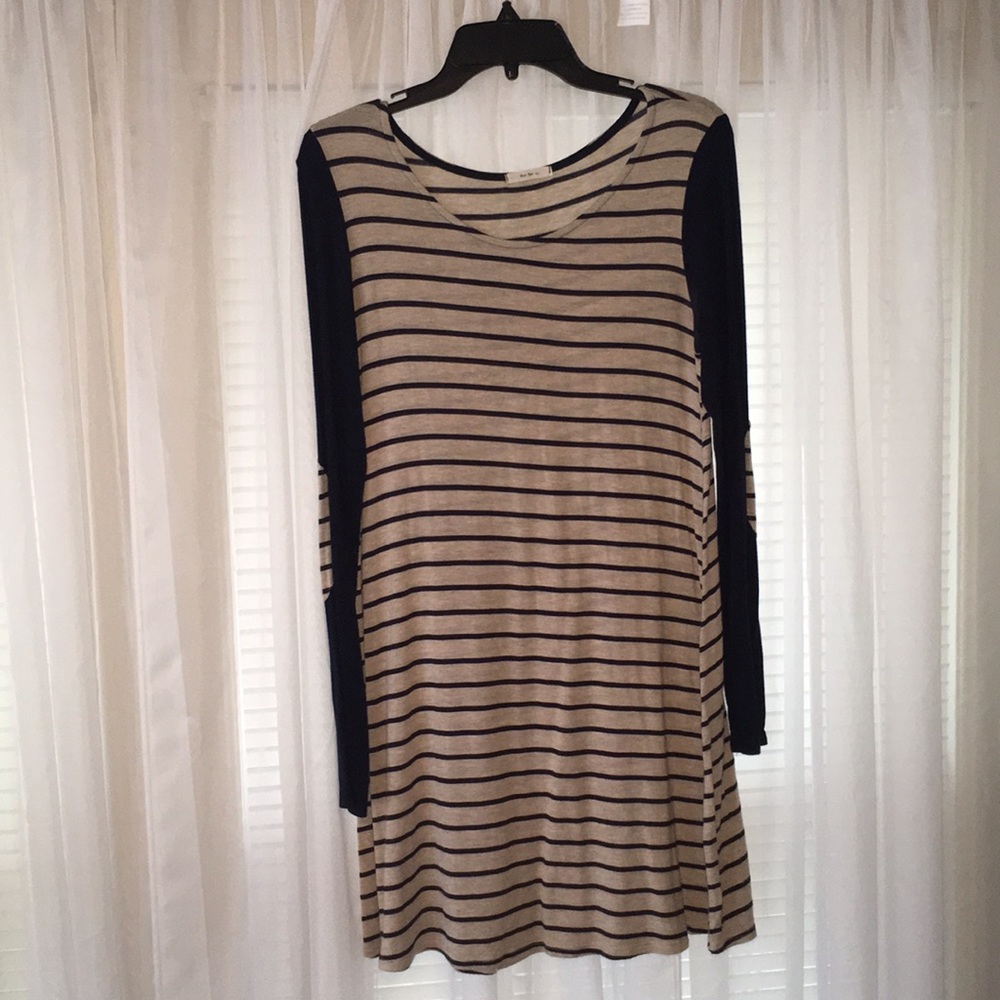 Navy and off-white striped dress.